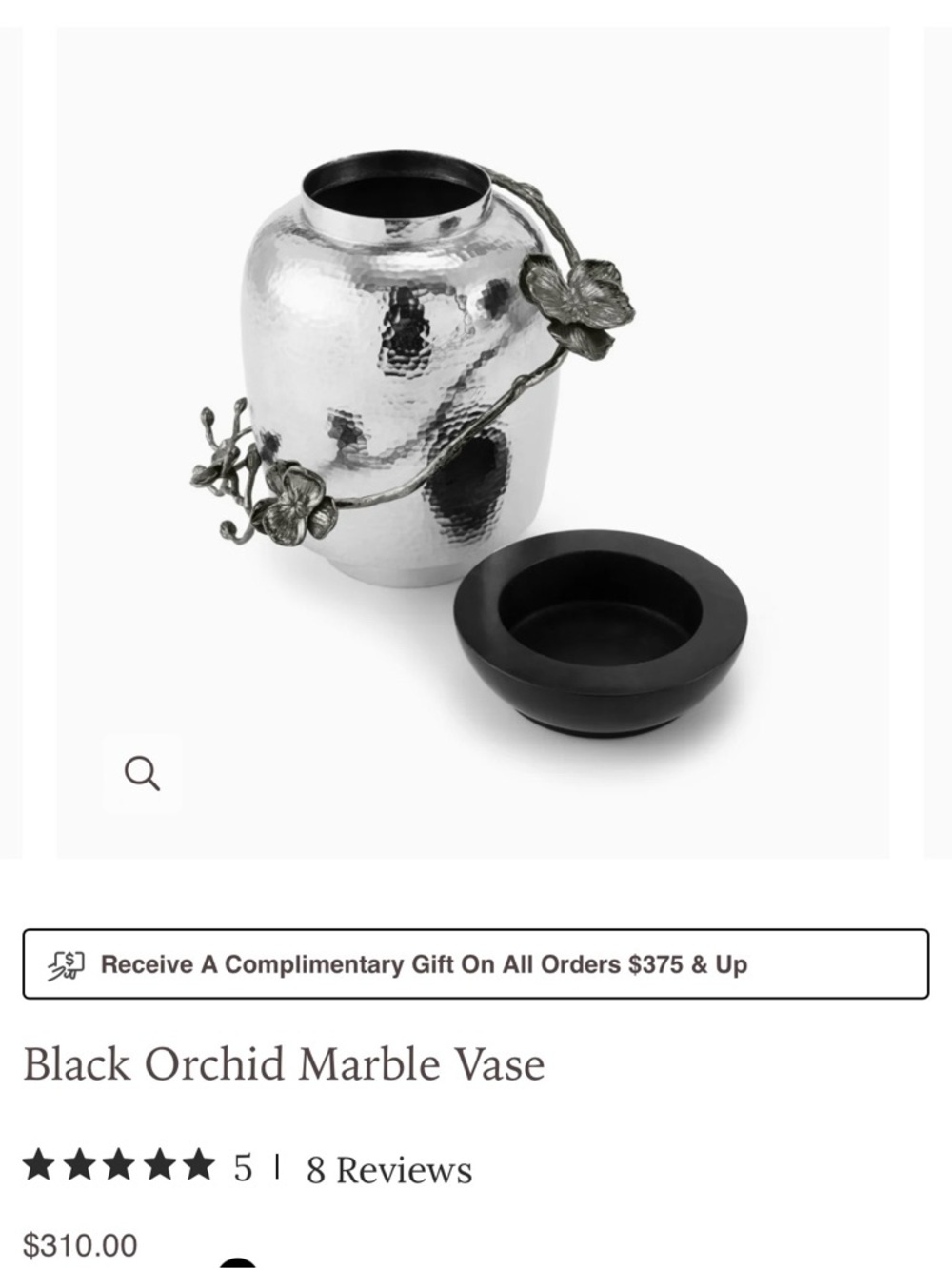 Michael Aram Silver Hammered Vase with Black Base and Floral Accent - Picture 2 of 3